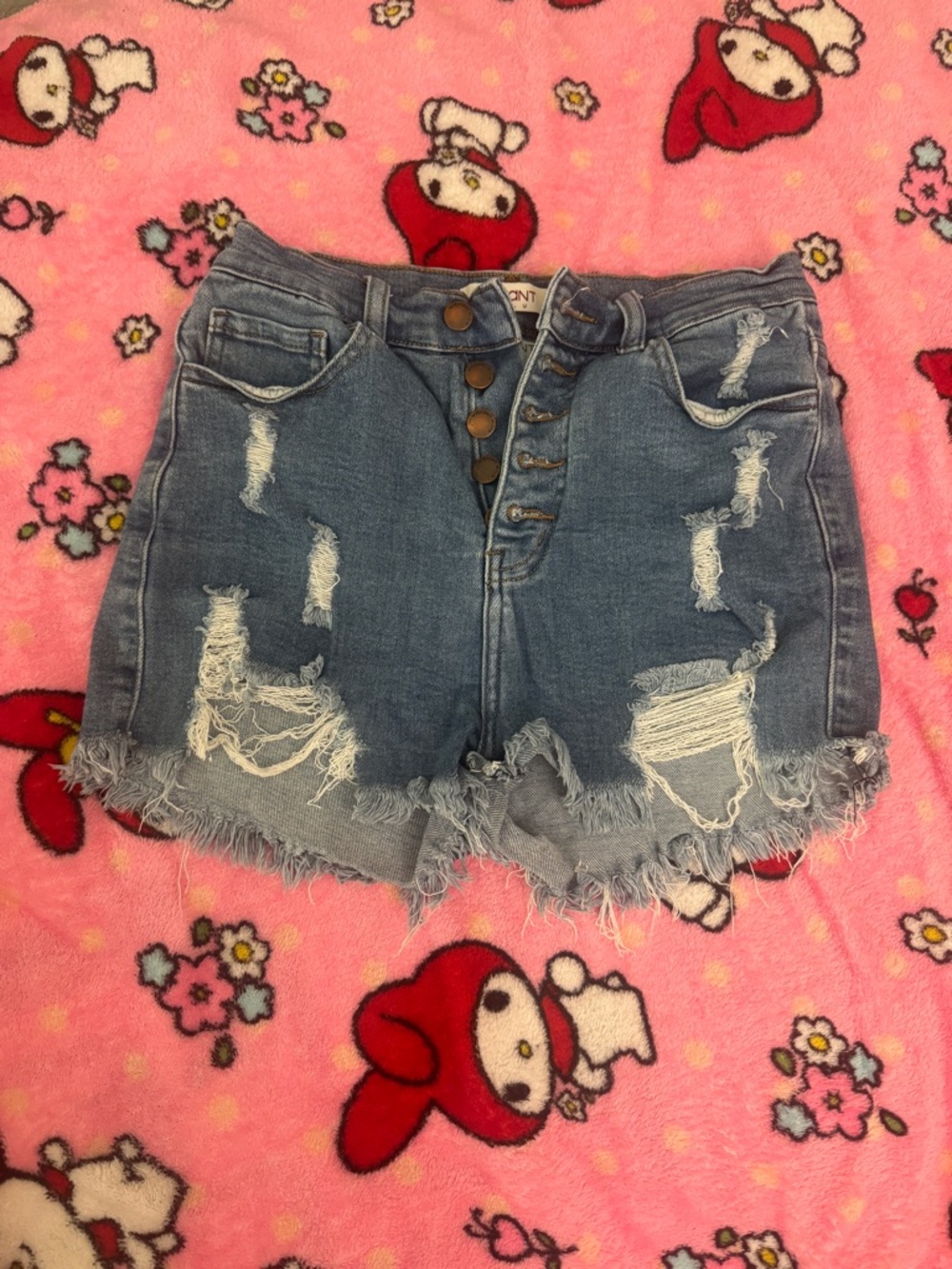 High Waisted Distressed Button-Front Denim Shorts - Blue